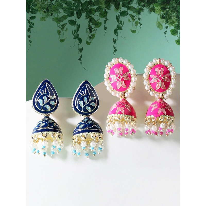 Zaveri Pearls Set of 2 Blue & Pink Dome Shaped Jhumkas Earrings