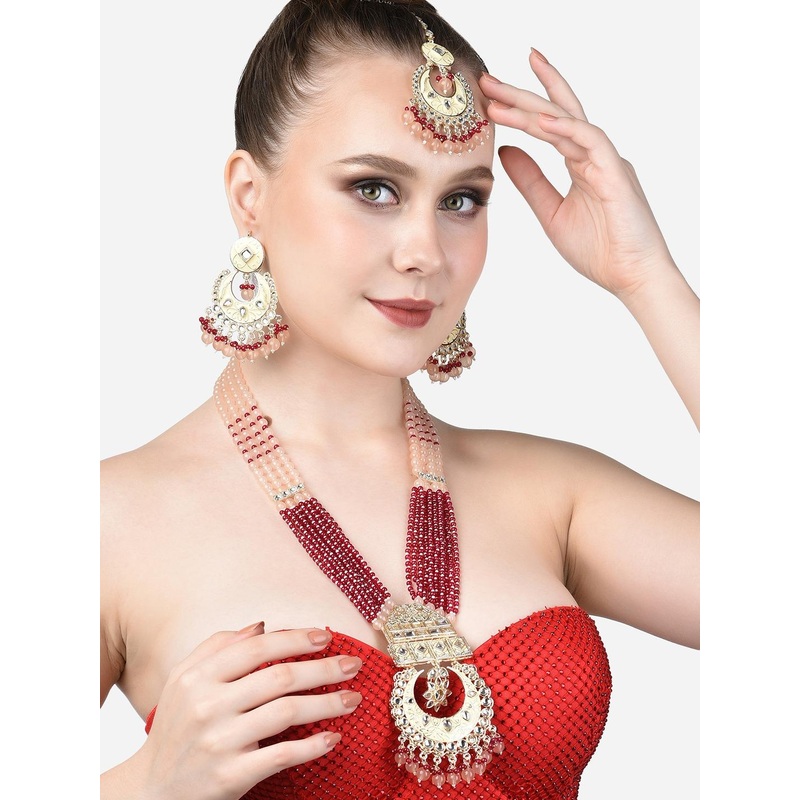 Zaveri Pearls Women Gold-Plated Gold-Toned Pink Stone Studded Jewellery Set
