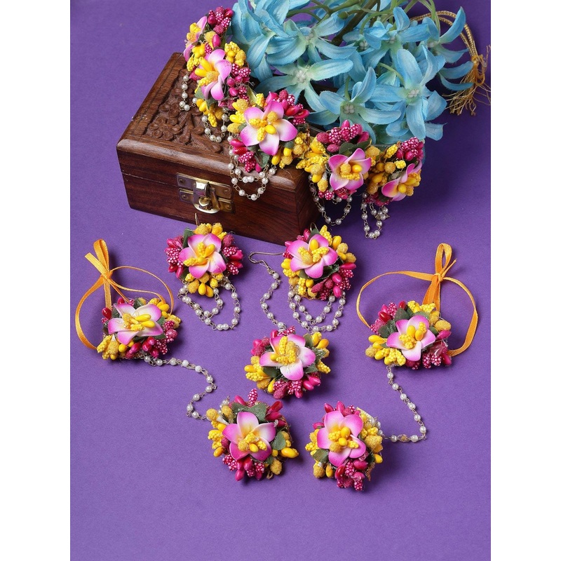 ZENEME Floral Beaded Haldi & Mehendi Jewellery Set