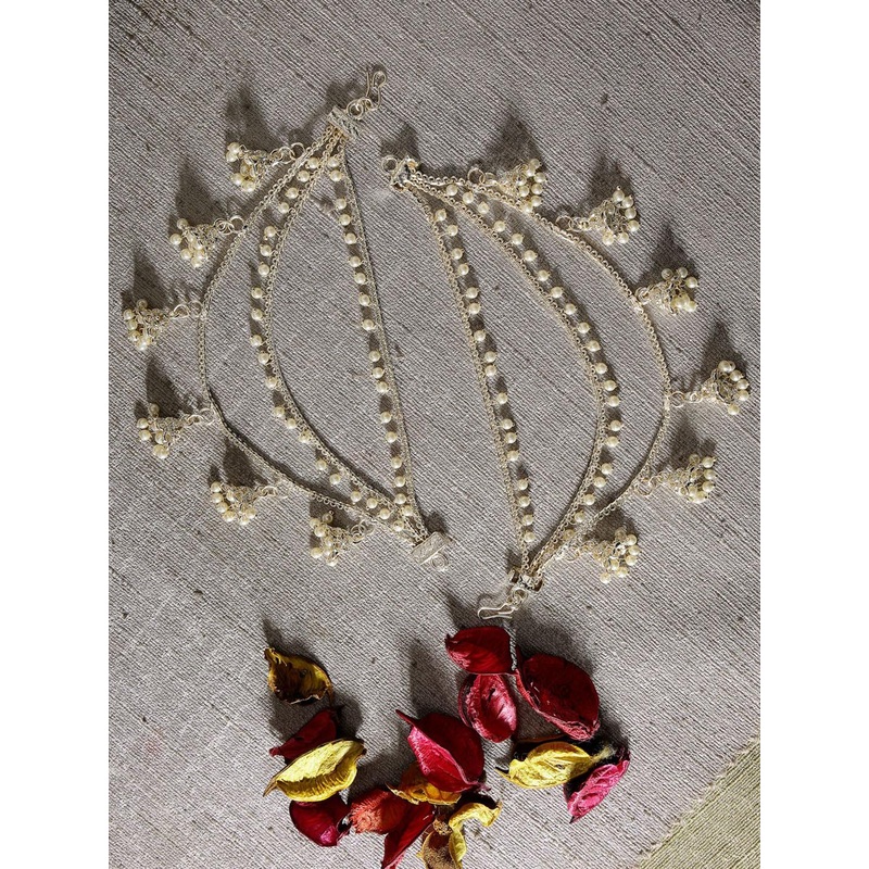 ZENEME Gold Plated Classic Layered Pearl Earchain With Jhumki Studded