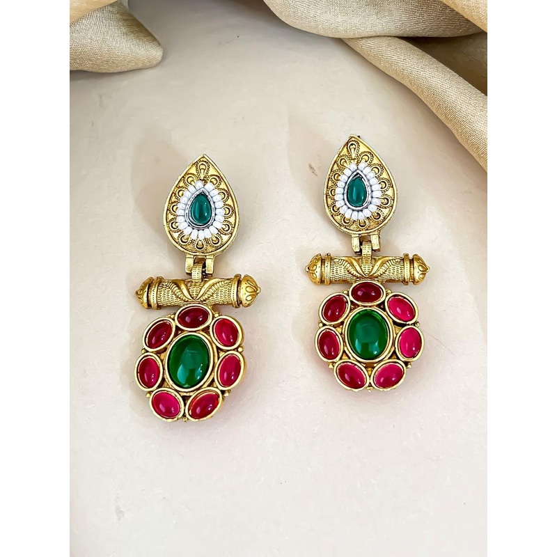 Zeviel Gold-Plated Artificial Stones Studded Teardrop Shaped Drop Earrings