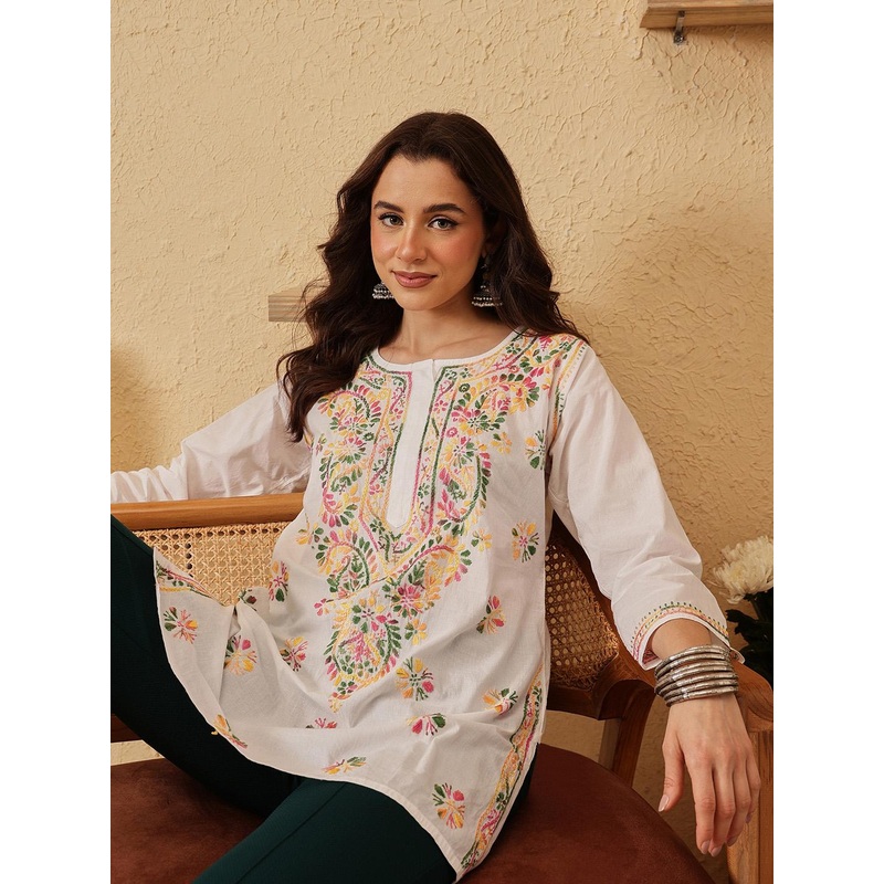 ADA Women White & Red Chikankari Embroidered Pure Cotton Straight  Handloom Kurti