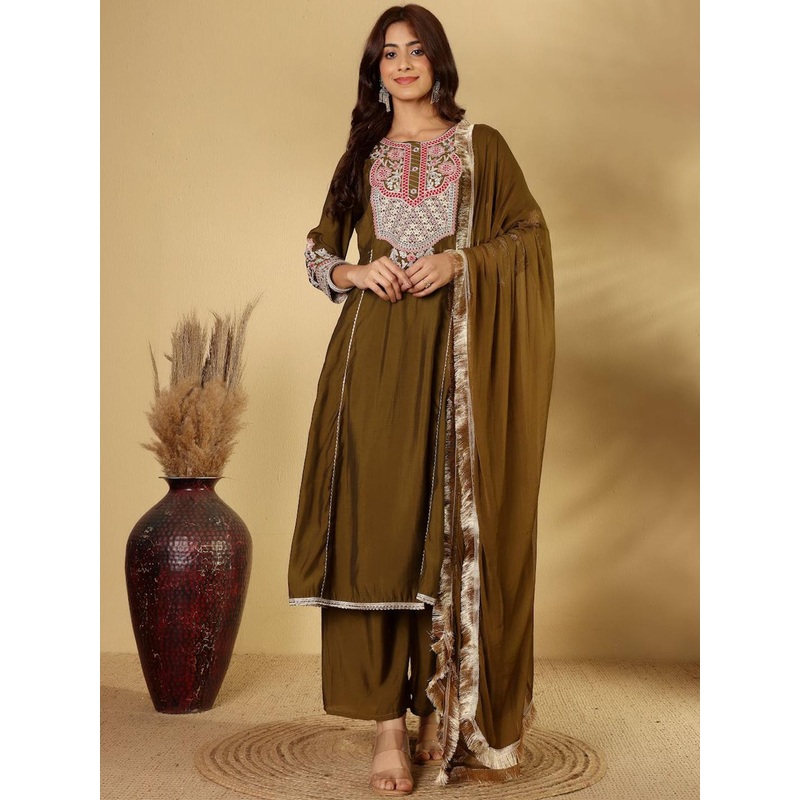 all about you Floral Embroidered Zari Panelled Kurta With Palazzos & Dupatta