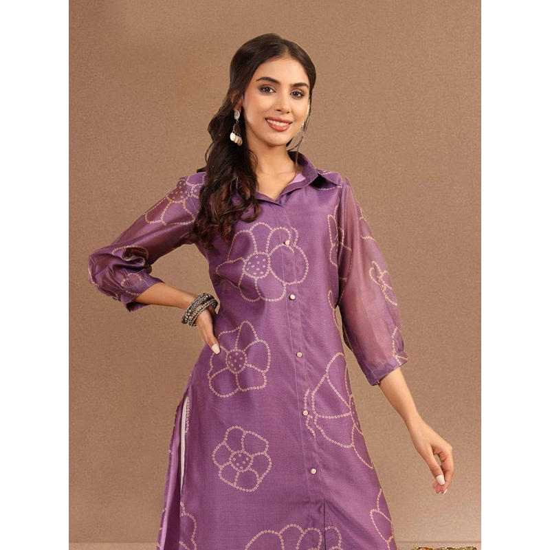all about you Women Bandhani Printed Shirt Collar Chanderi Silk Straight Kurta