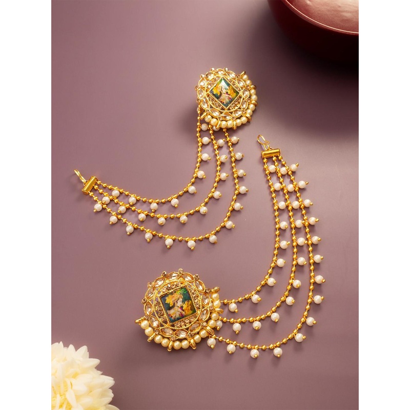 Anouk Gold Plated Kundan Studded And Pearls Beaded Circular Temple Studs With Ear Chain
