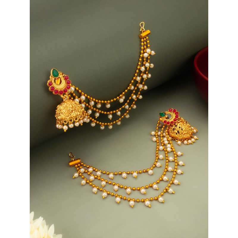 Anouk Gold-Plated Kundan Studded & Pearls Beaded Dome Shaped Layered Ear Chain Jhumkas