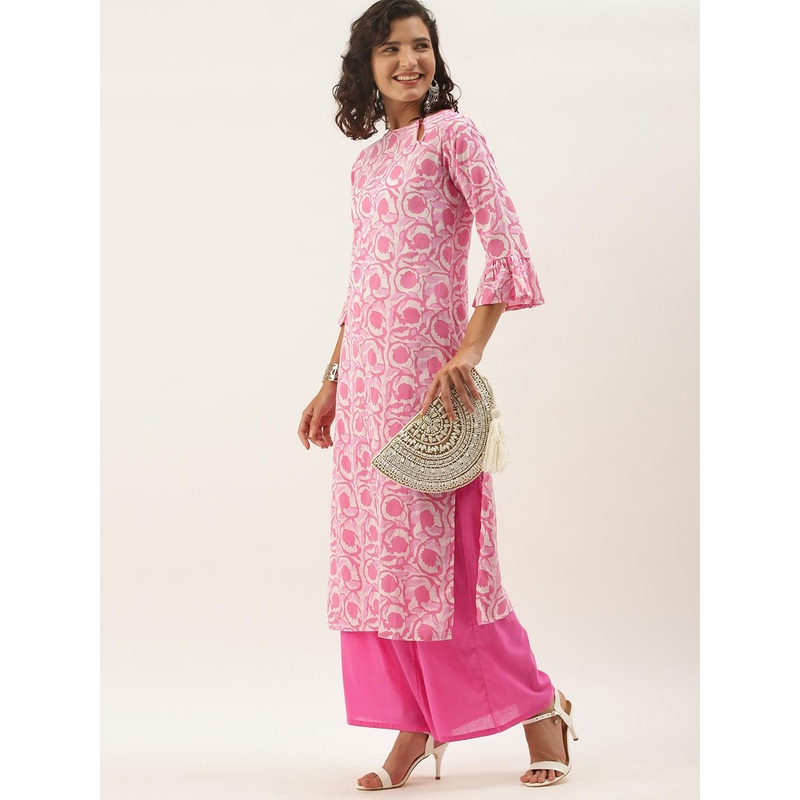 Anouk Women Pink & White Floral Printed Pure Cotton Kurta with Palazzos