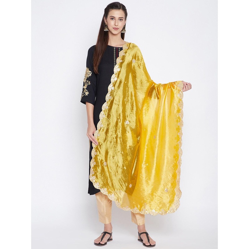 Clora Creation Yellow & Black Embroidered Dupatta with Gotta Patti