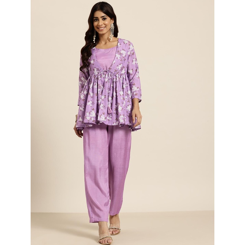 HERE&NOW Crop Top With Palazzos & Printed Jacket