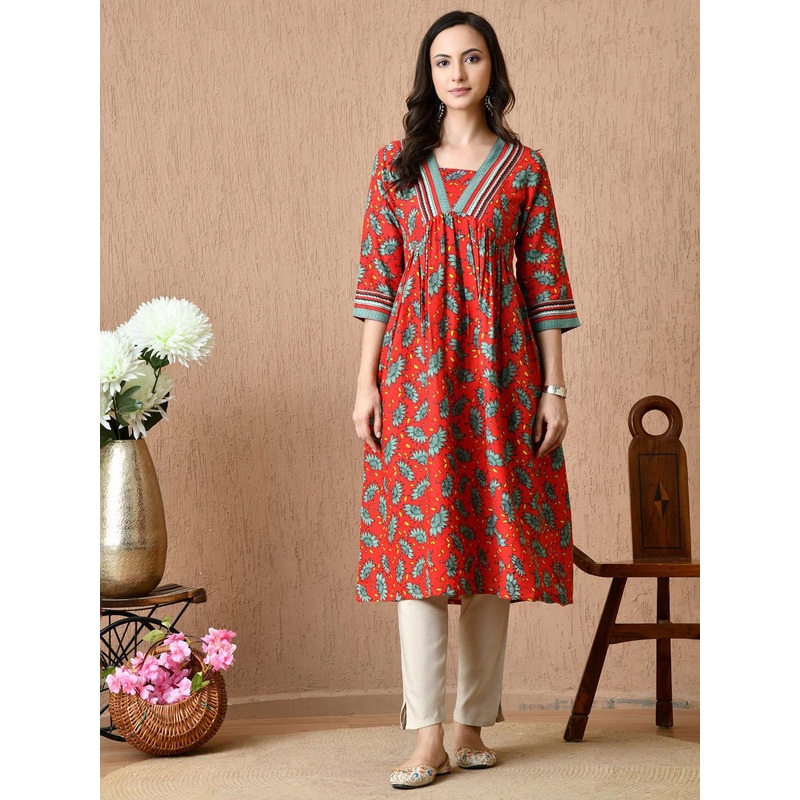 HERE&NOW Floral Printed V-Neck A-Line Kurta