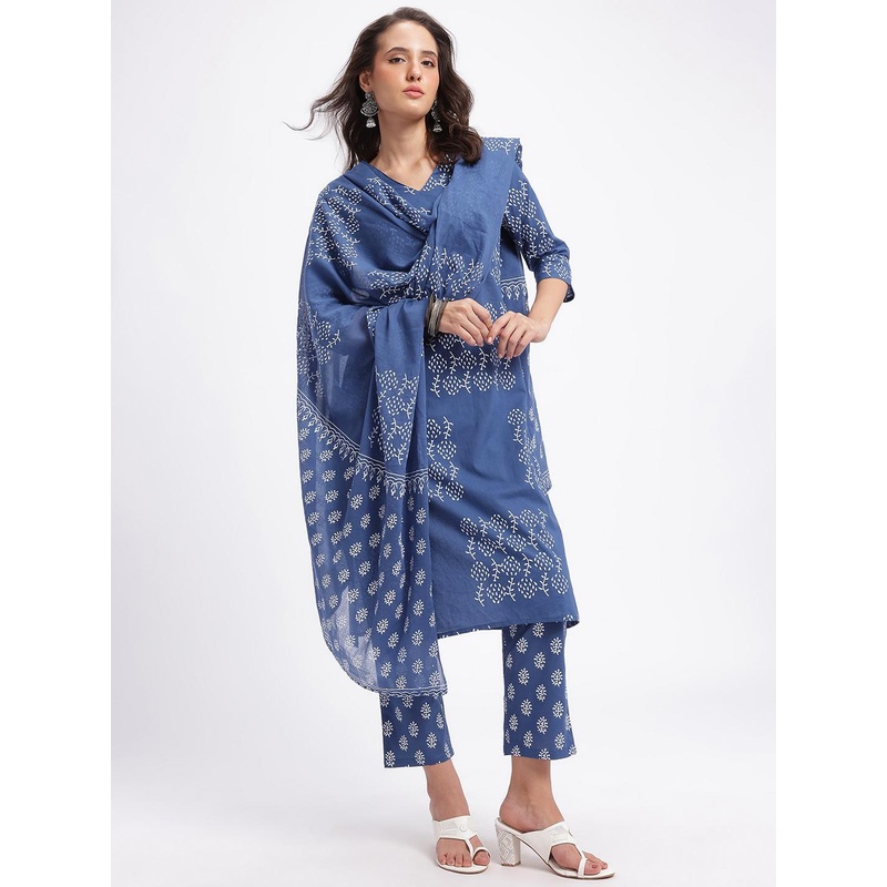 HERE&NOW Indie Floral Regular Pure Cotton Kurta with Trousers & Dupatta