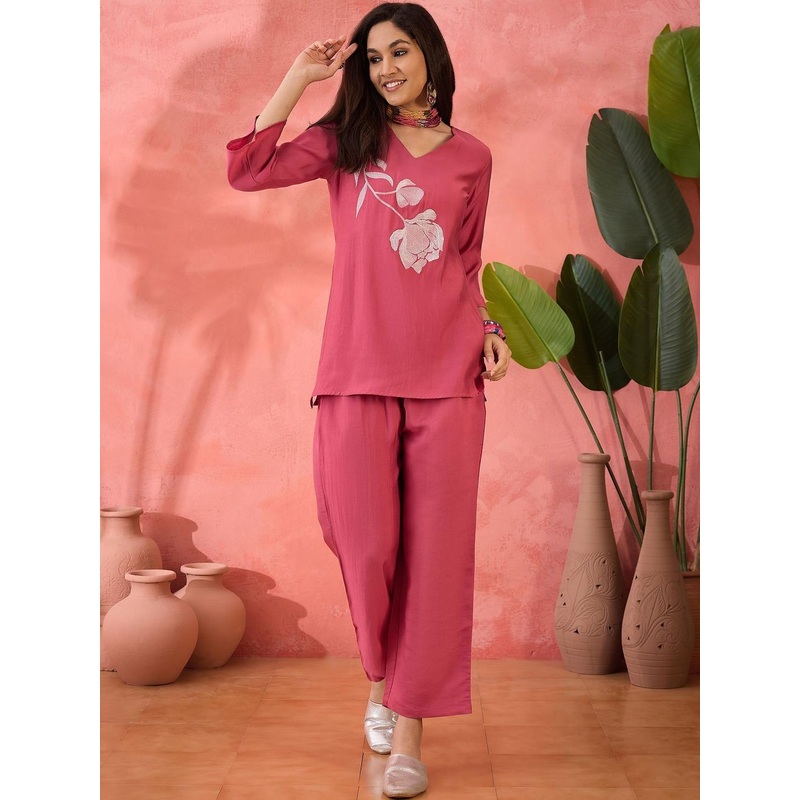 Here & Now Women Floral Embroidery Tunic With Trousers