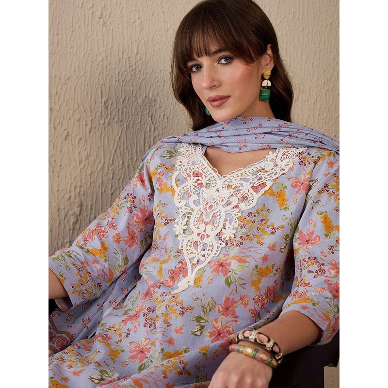 Indo Era Women Floral Printed Regular Thread Work Pure Cotton Kurta with Salwar & With Dupatta