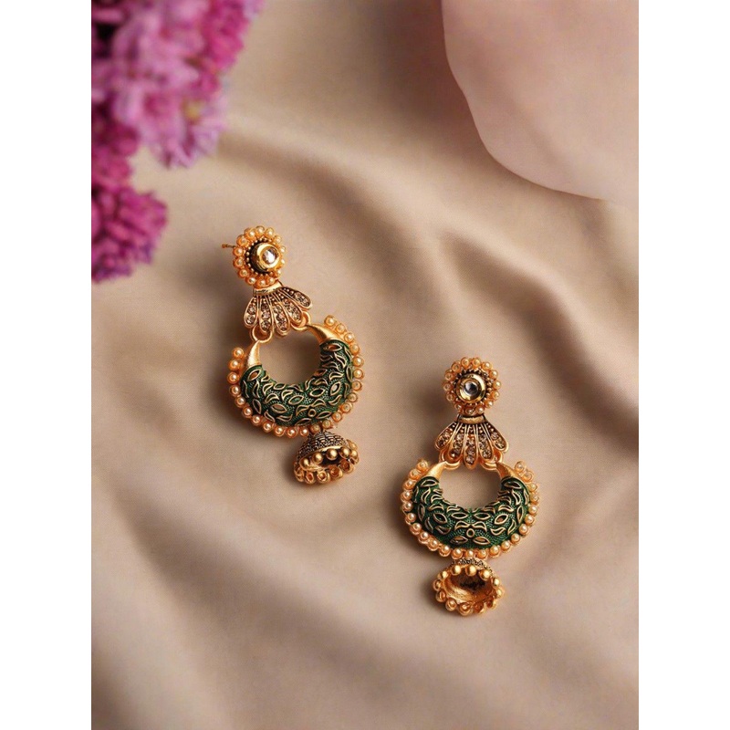 Jazz and Sizzle Oxidised Gold-Plated Dome Shaped Artificial Stone Jhumkas