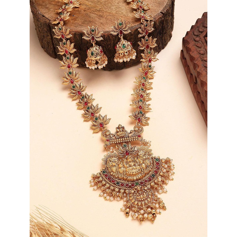 KARATCART Gold Plated Laxmi Mata Engraved Lotus Design Long Temple Jewellery Set