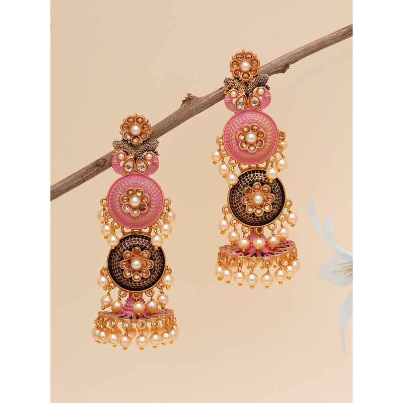 KARATCART Pink & White Gold-Plated Classic Jhumkas Earrings