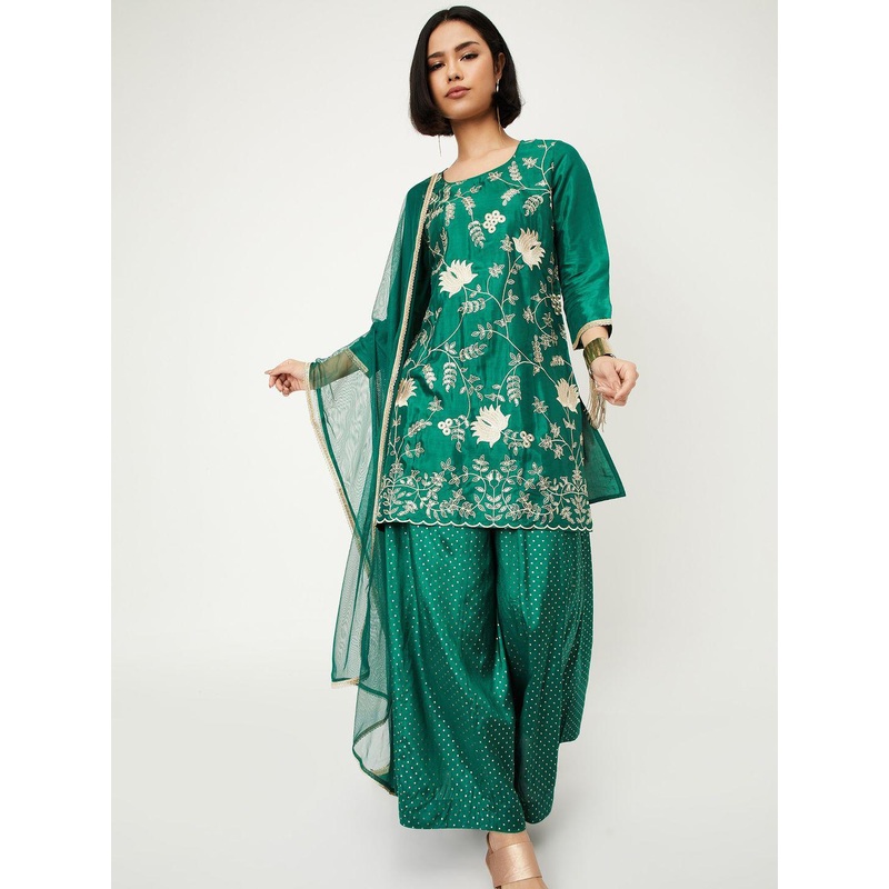 max Floral Embroidered Sequinned Straight Kurti With Palazzos & Dupatta