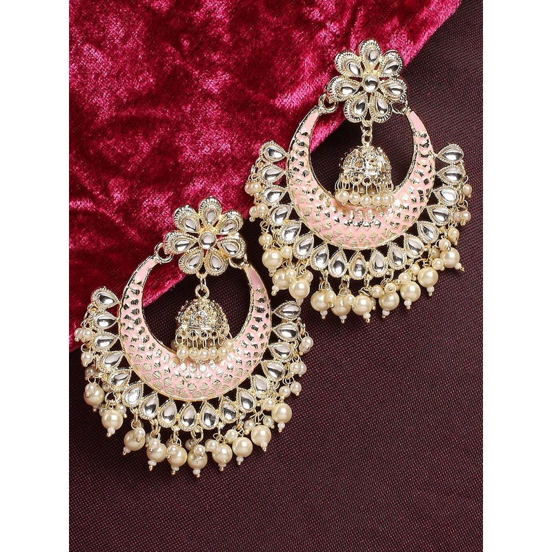 OOMPH Pink & Cream-Coloured Floral Chandbalis Earrings