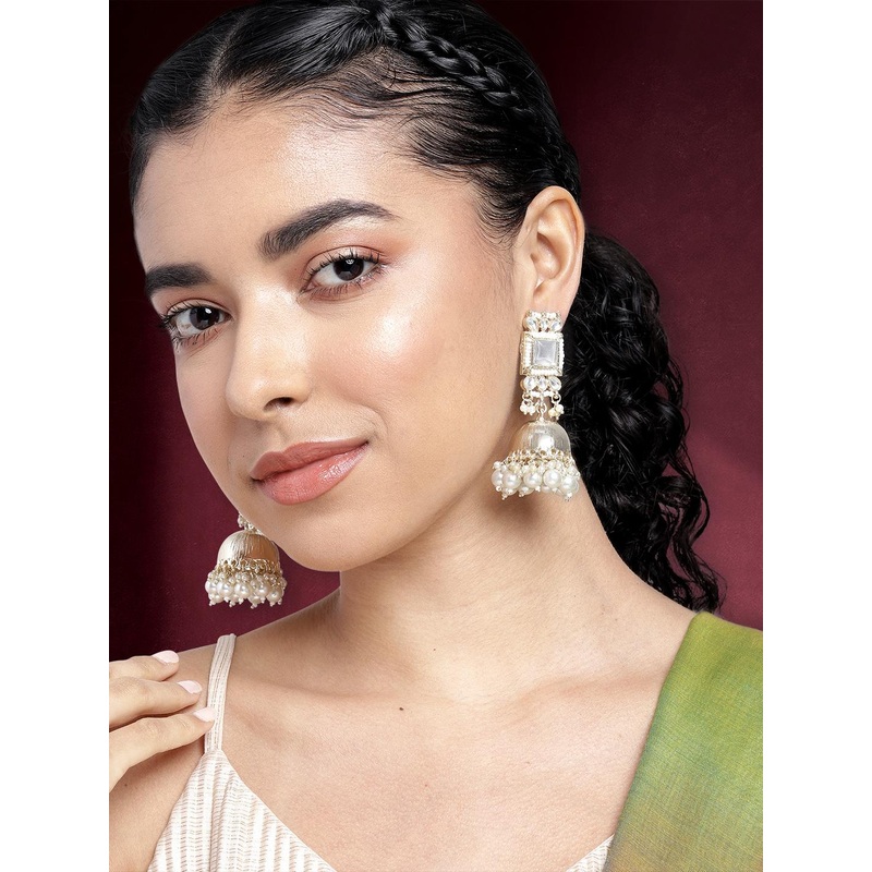 Peora Gold Plated Kundan Studded Dome Shaped Jhumkas Earrings