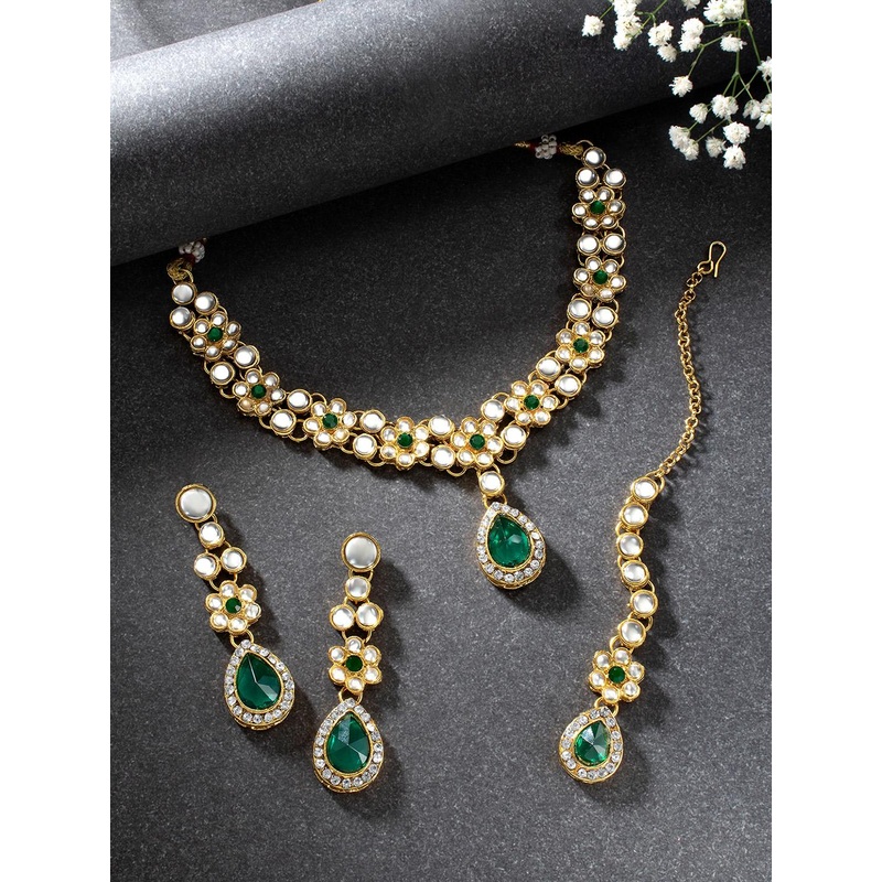 Peora Green & White Gold-Plated Kundan Crystal Jewellery Set