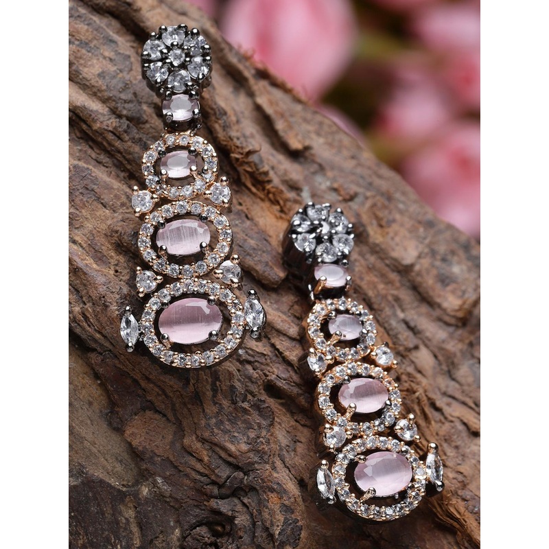 Rose Gold Plated Gunmetal Toned American Diamond Studded Pink Drop Earrings