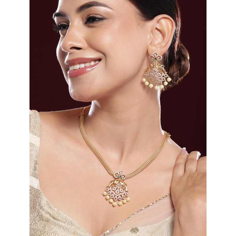 Rubans 22K Gold-Plated Emerald & Cubic Zirconia Studded Necklace Set with Pearl Accents
