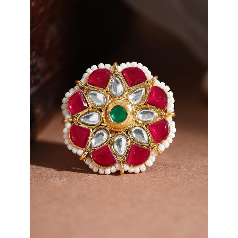 Rubans Women 22K Gold-Plated Kundan-Studded & Pearls Beaded Adjustable Finger Ring