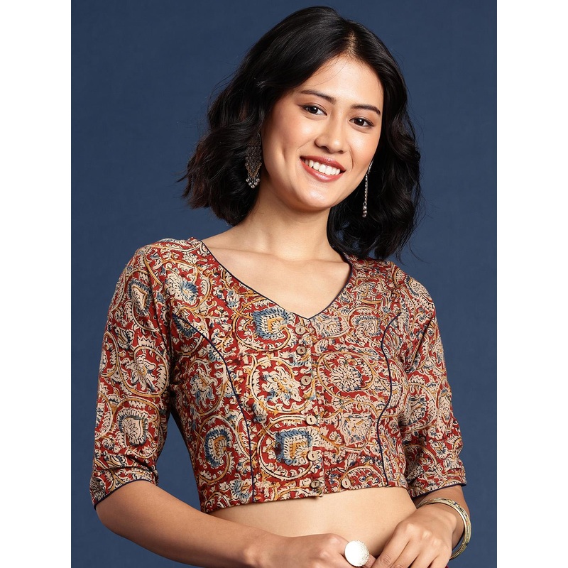 Taavi Kalamkari Printed Cotton Non Paded Saree Blouse