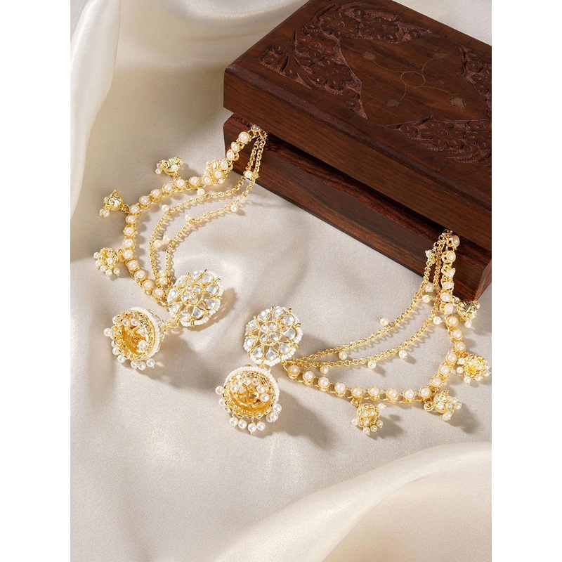 TEEJH Gold-Plated Dome Shaped Artificial Stones Studded and Beaded Jhumkas Polki Kanchain