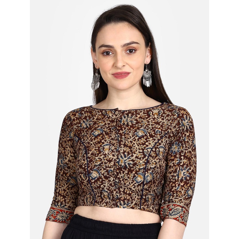 THE WEAVE TRAVELLER Women Brown & Beige Kalamkari Hand Block Printed Padded Sustainable Saree Blouse