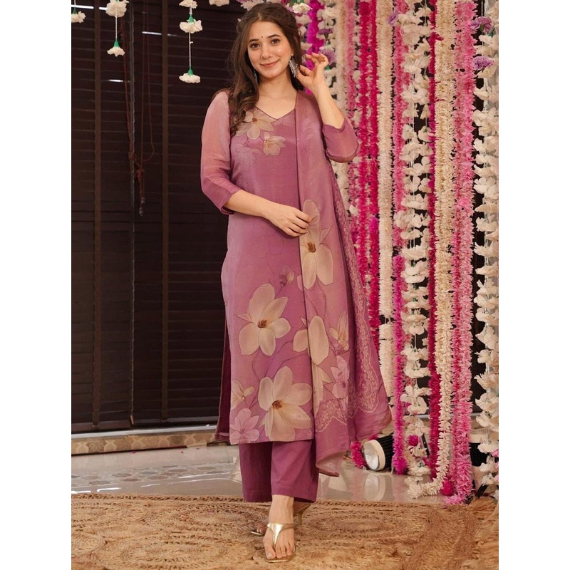 ZAIERRA Floral Printed V-Neck Sequinned Straight Kurta With Trousers & Dupatta