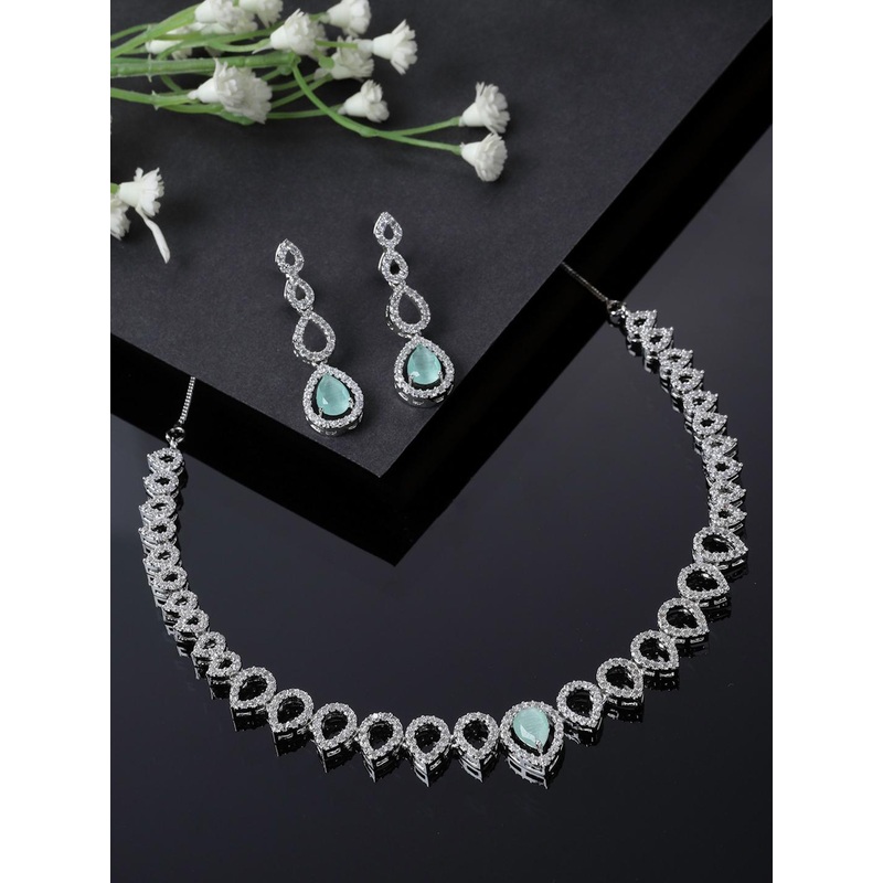 ZENEME Rhodium-Plated American Diamond Studded Necklace and Earrings