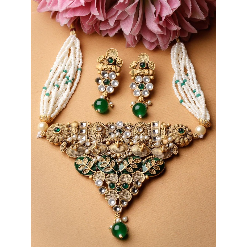 ADIVA Gold-Plated Kundan Studded & Pearls Beaded Jewellery Set