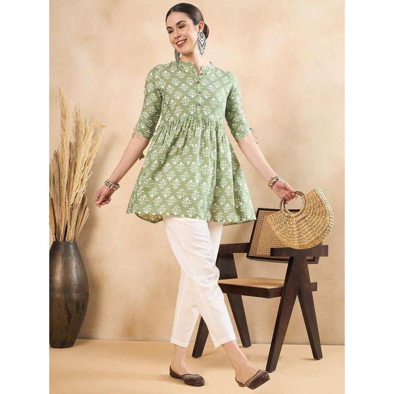 Anouk Floral Printed Ruched Pure Cotton A-Line Short Kurti