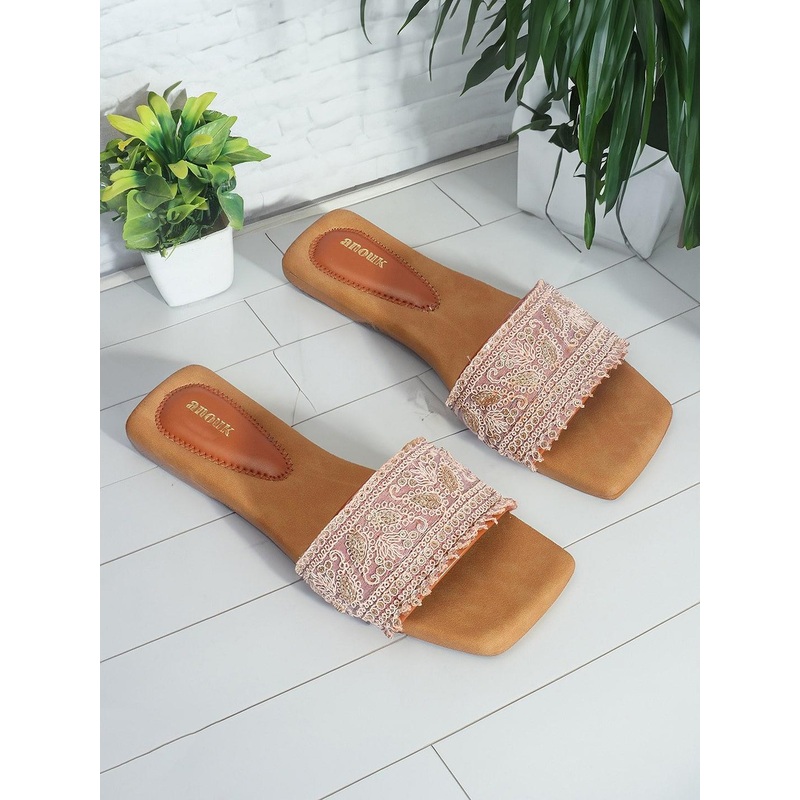 Anouk Pink Ethnic Embellished Open Toe Flats