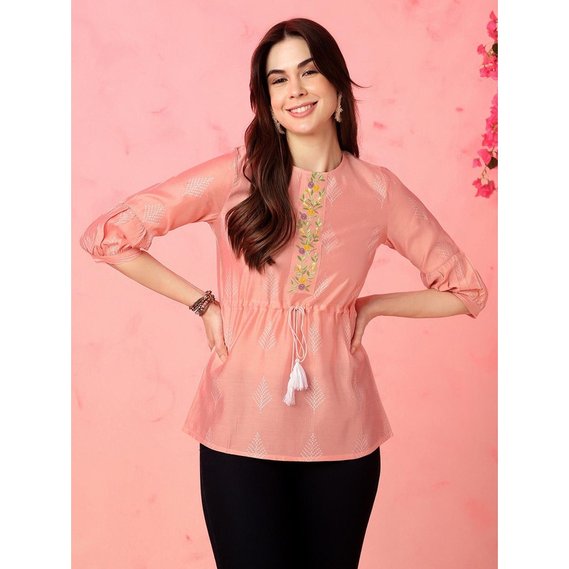 Anouk Pink Floral Embroidered Round Neck Short Kurti