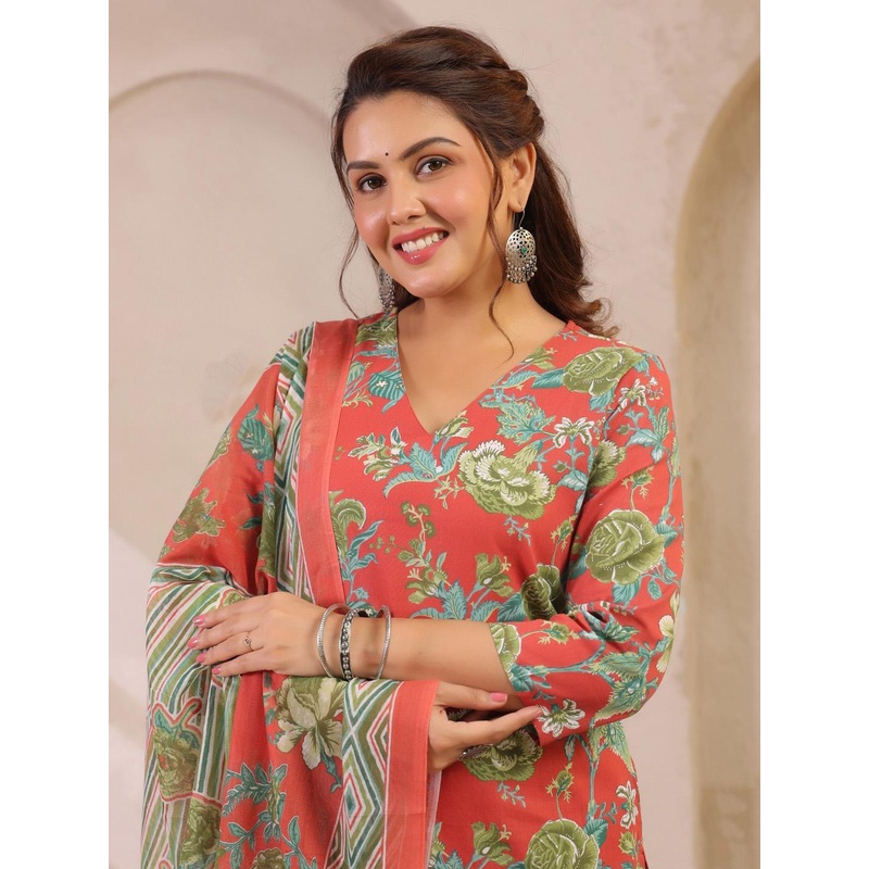 Anouk Rustic Floral Printed V-Neck Pure Cotton Kurta With Trousers & Dupatta