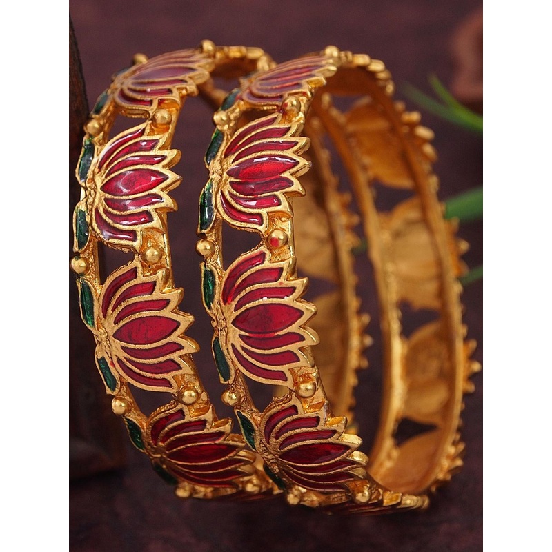 Anouk Set Of 2 Gold Plated Ruby Green Meenakari Bangle