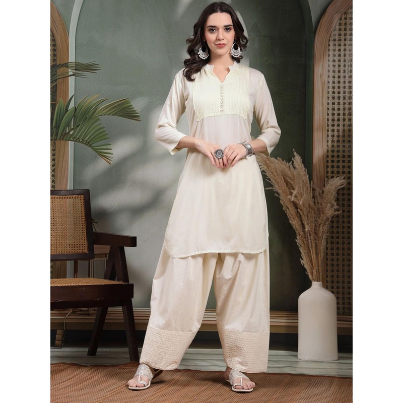 Clora Creation Women Yoke Design Regular Thread Work Pure Cotton Kurta with Farshi Salwar