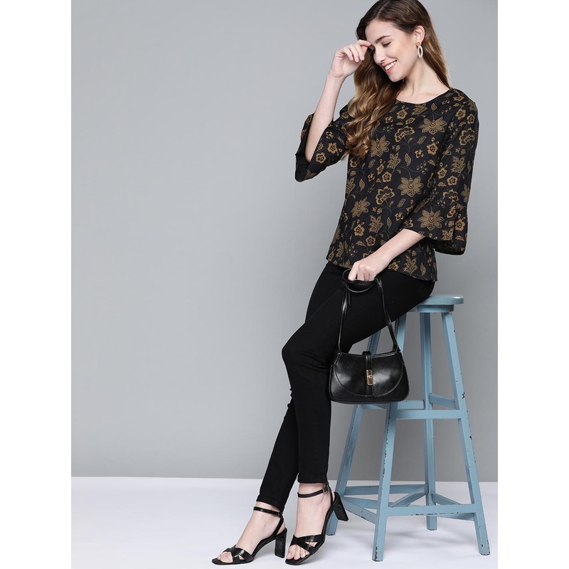 HERE&NOW Black & Khaki Floral Print Top