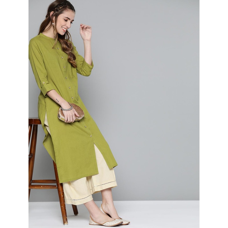 HERE&NOW Women Olive Green Solid Pure Cotton Kurta