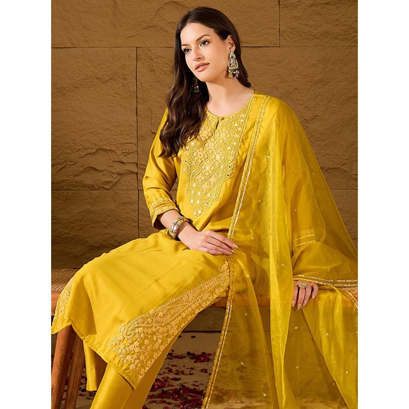 House of Pataudi Embroidered Keyhole Neck Thread Work Straight Kurta & Trouser And Dupatta