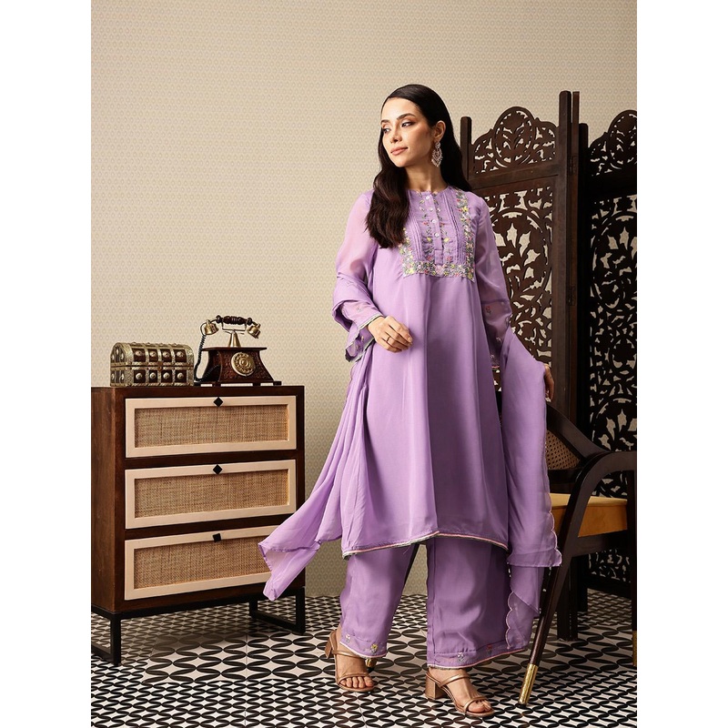 House of Pataudi Floral Yoke Design Thread Work Jashn A-Line Kurta with Palazzos & Dupatta