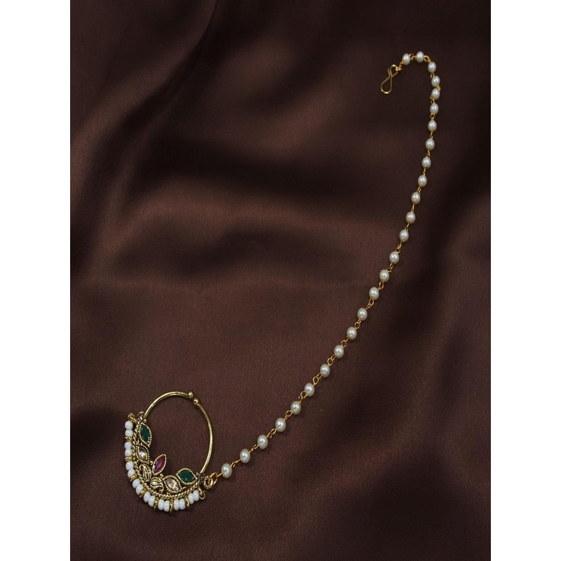 I Jewels Gold-Plated & Red Pearl Beaded Chained Nose Ring
