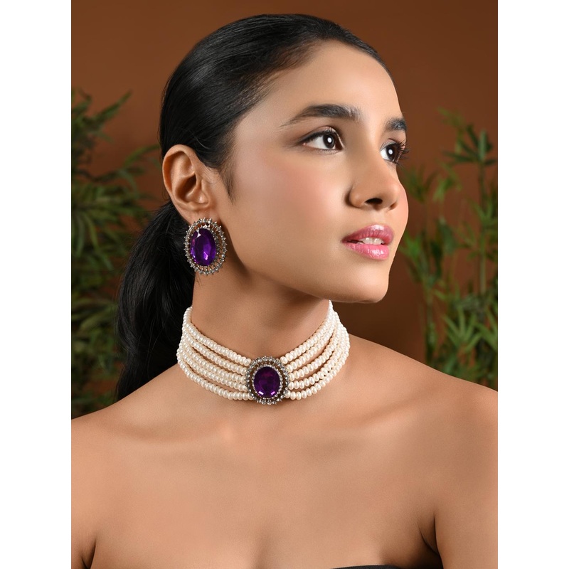 I Jewels Gold-Plated Stone Studded Pearl Choker Necklace Jewellery Set