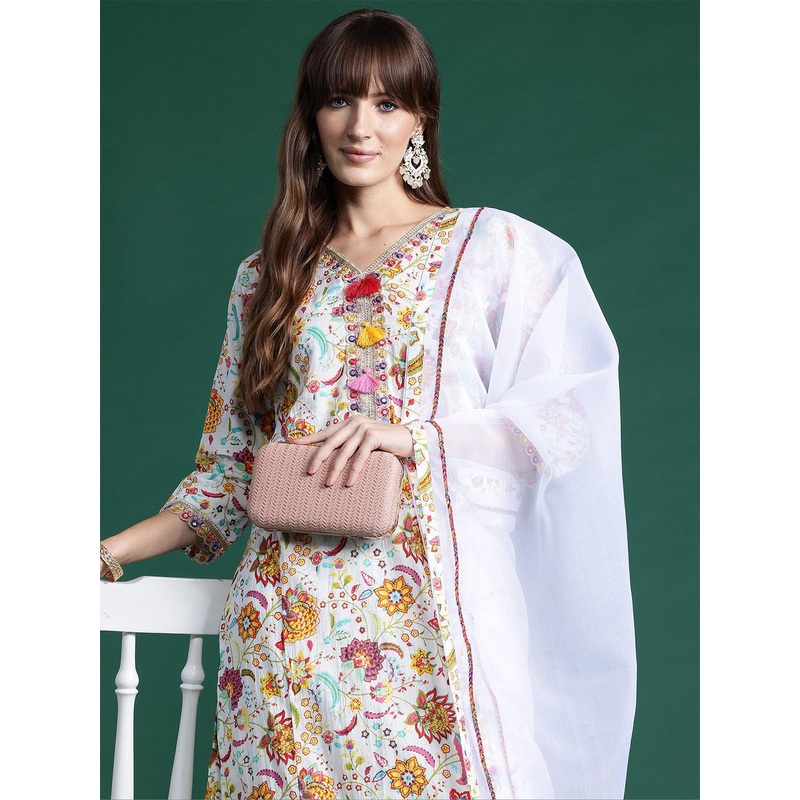 Indo Era Women Floral Printed Thread Work Pure Cotton Kurta with Trousers & With Dupatta