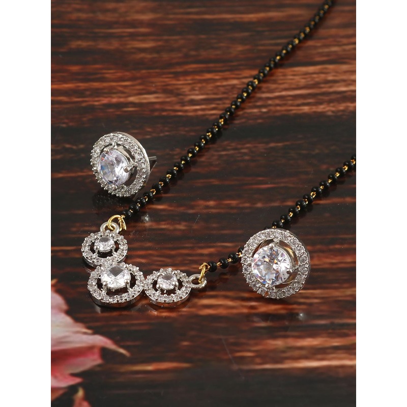 Jewar Mandi Gold-Plated CZ-Studded & Beaded Mangalsutra With Earrings