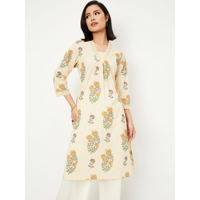 max Floral Printed Pleated V-Neck Straight Kurta