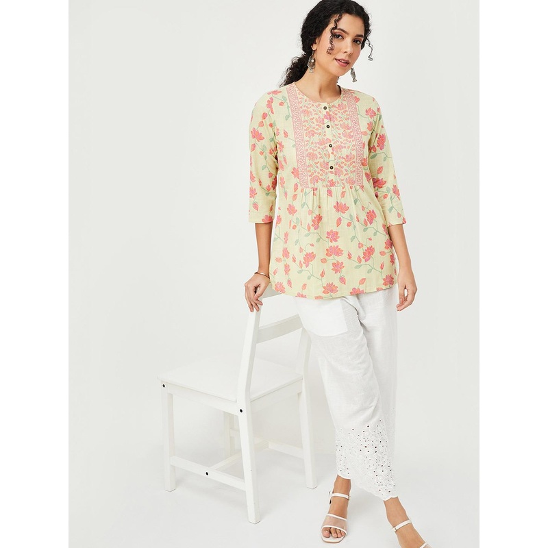 max Floral Printed Round Neck Three-Quarter Sleeves Kurti