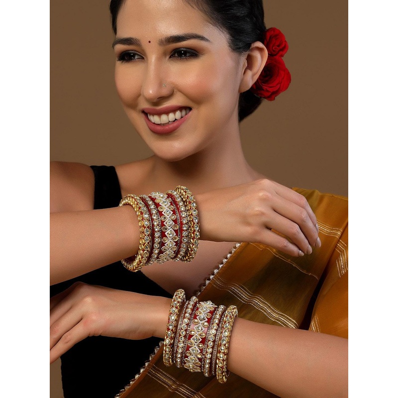PANASH Set Of 18 Gold-Plated Artificial Stone Studded Bangles Chuda Set